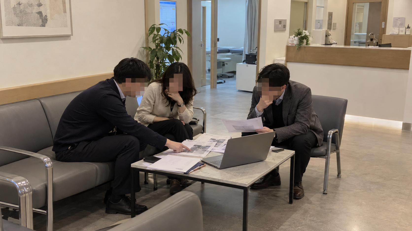병원 로비에서 자료를 검토하는 상담 장면의 AI 생성 이미지